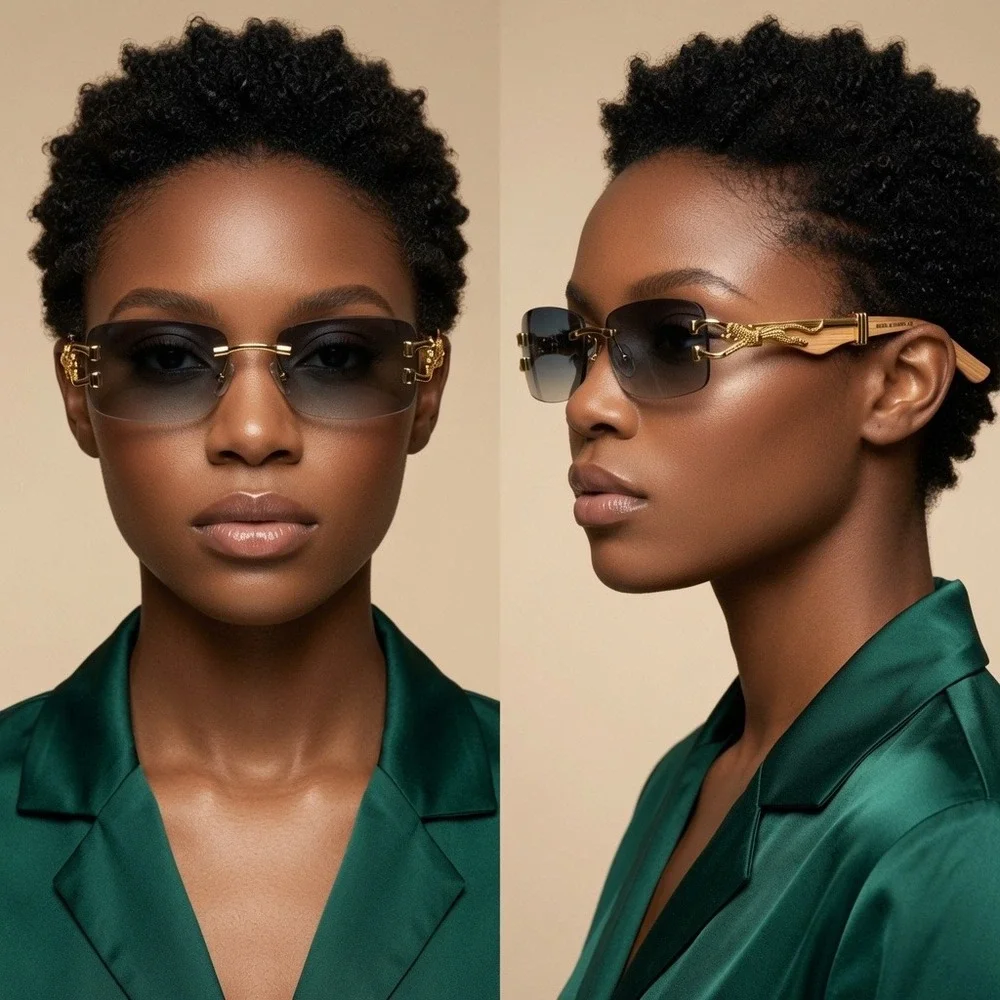 Women Luxury Gold Panther Rimless Sunglasses Teal Gradient Lenses Lenes Gafas